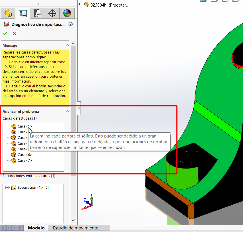 Advertencia de piezas defectuosas SolidWorks