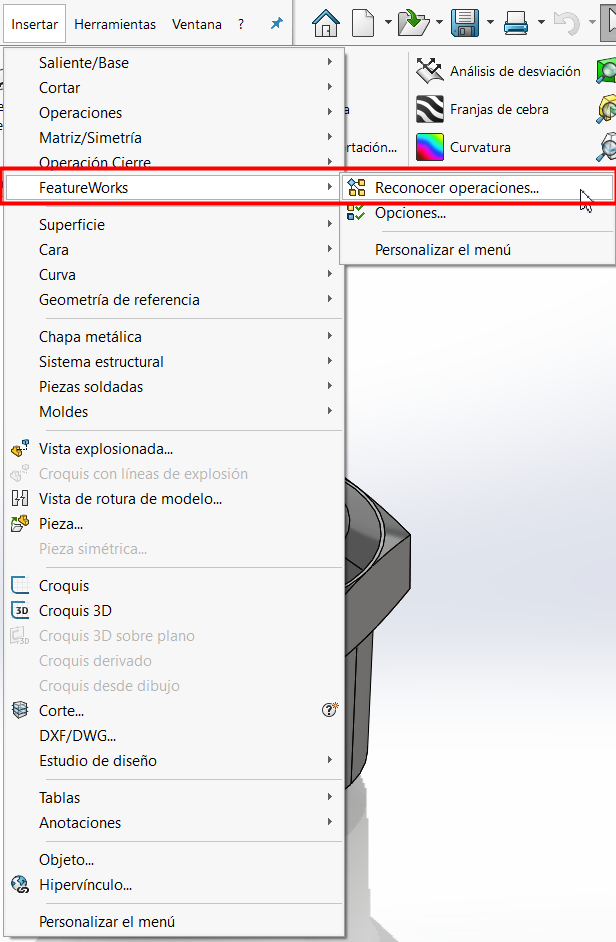 Ejecucuion de FeatureWorks en SolidWorks