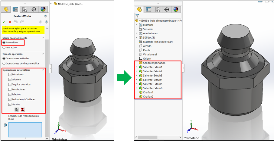 Reconociemiento automaticoo manual de FeatureWorks en SolidWorks