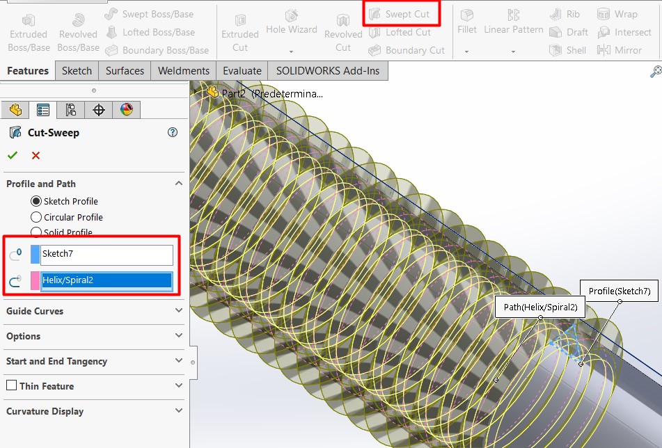 Ejecucion de corte de barrido para la rosca en SolidWorks