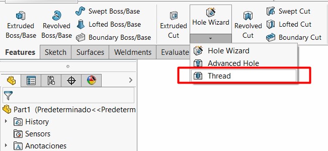 Agregar comando taladro en SolidWorks