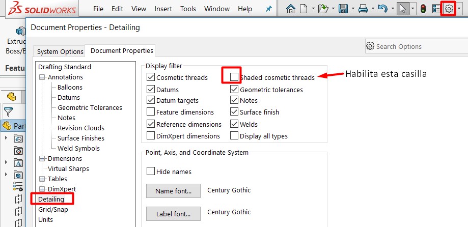 Habilitar visualización de la rosca para SolidWorks