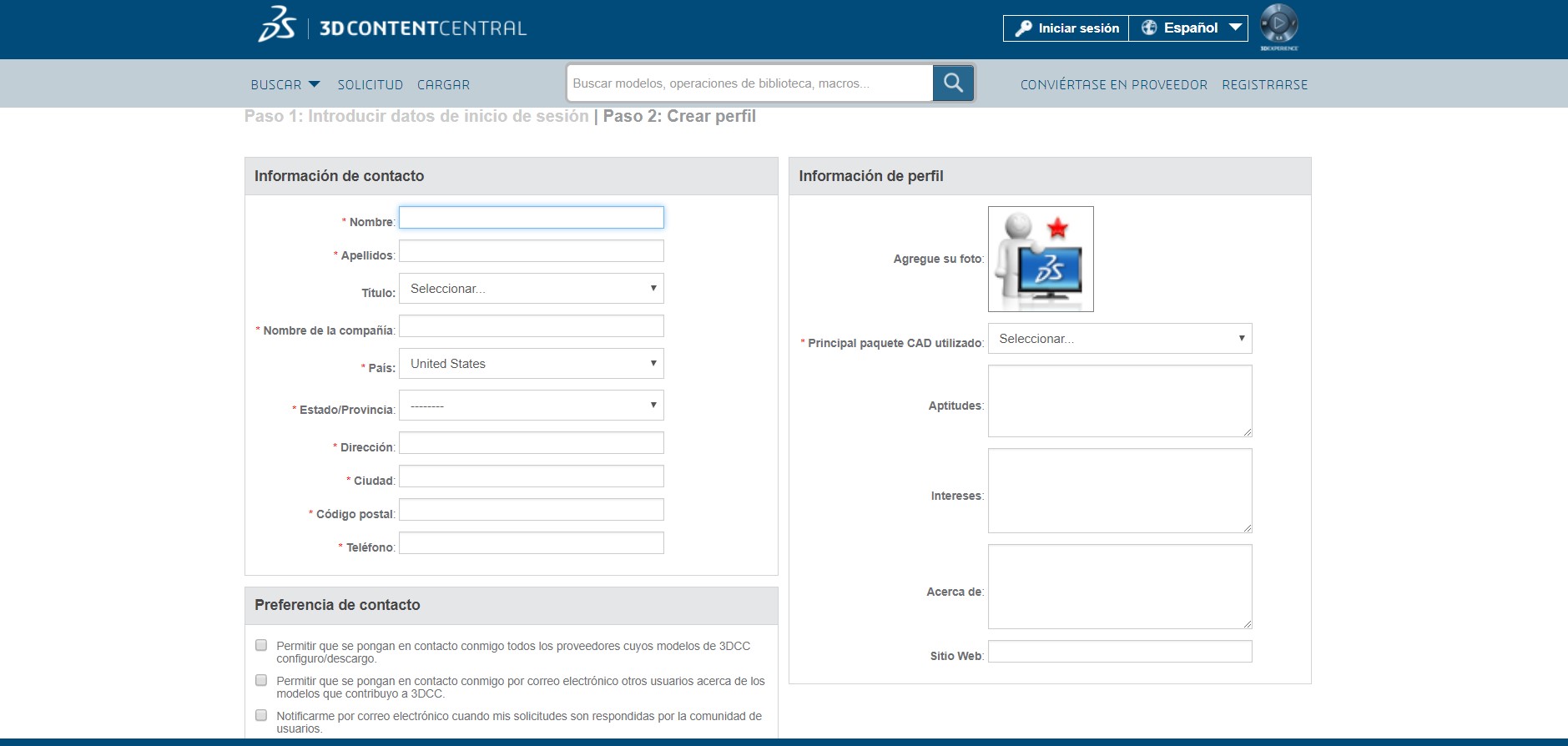 Paso 4 para crear una cuenta formulario en Content Central SolidWorks