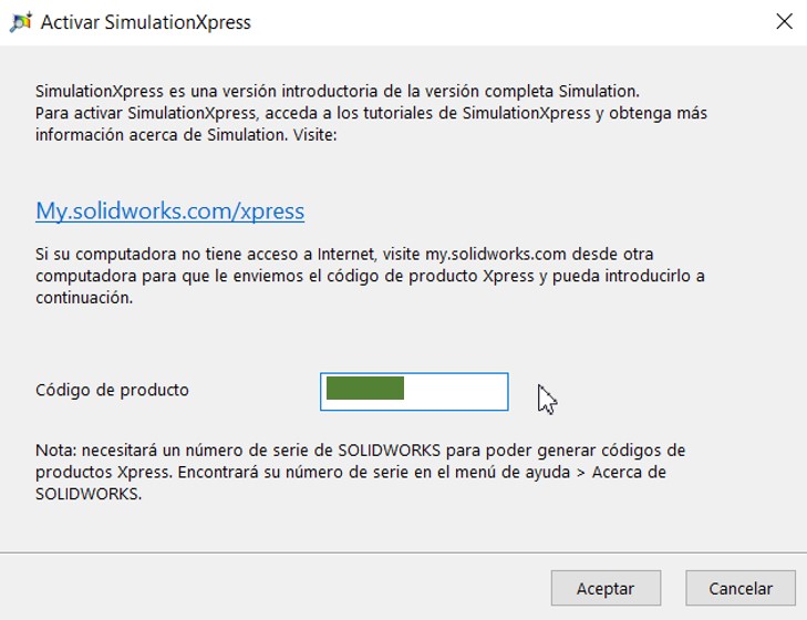 Agrega el codigo de activacion para SolidWorksXpress