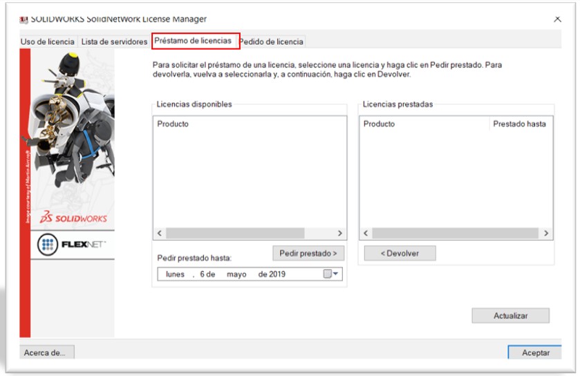 Ruta de activacion para prestamos de licencias en SolidWorks