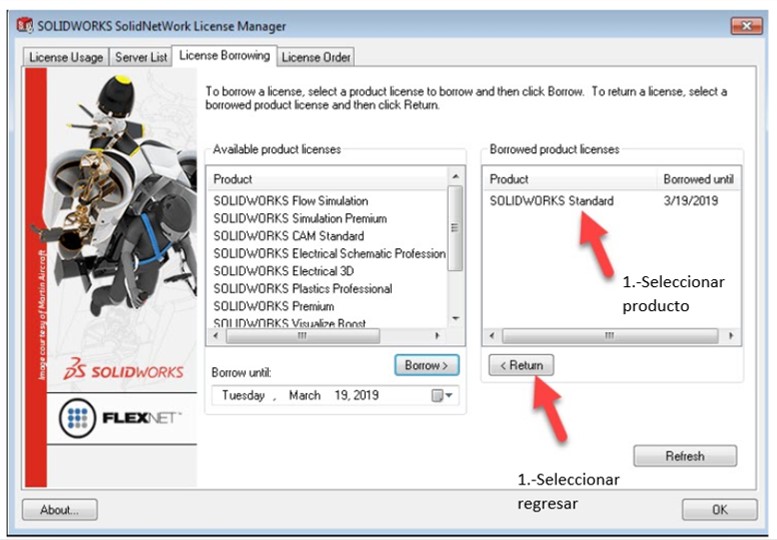 Regreso de licencias prestadas en SolidWorks