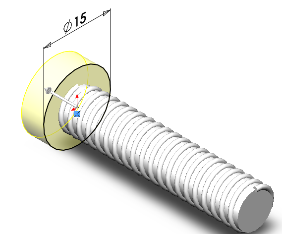 ahora solo falta crear la cabeza del tornillo. Creamos un croquis circular de 15mm  y lo extruiremos 5 mm