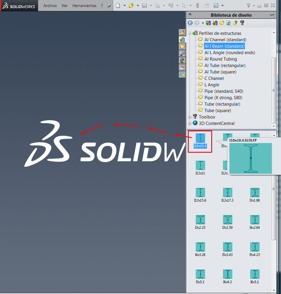 arrastrar perfil a la interfaz de SolidWorks