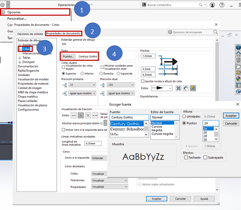 tamaño fuente solidworks