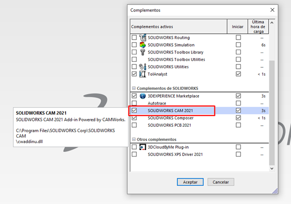 SOLIDWORKS CAM - Complementos